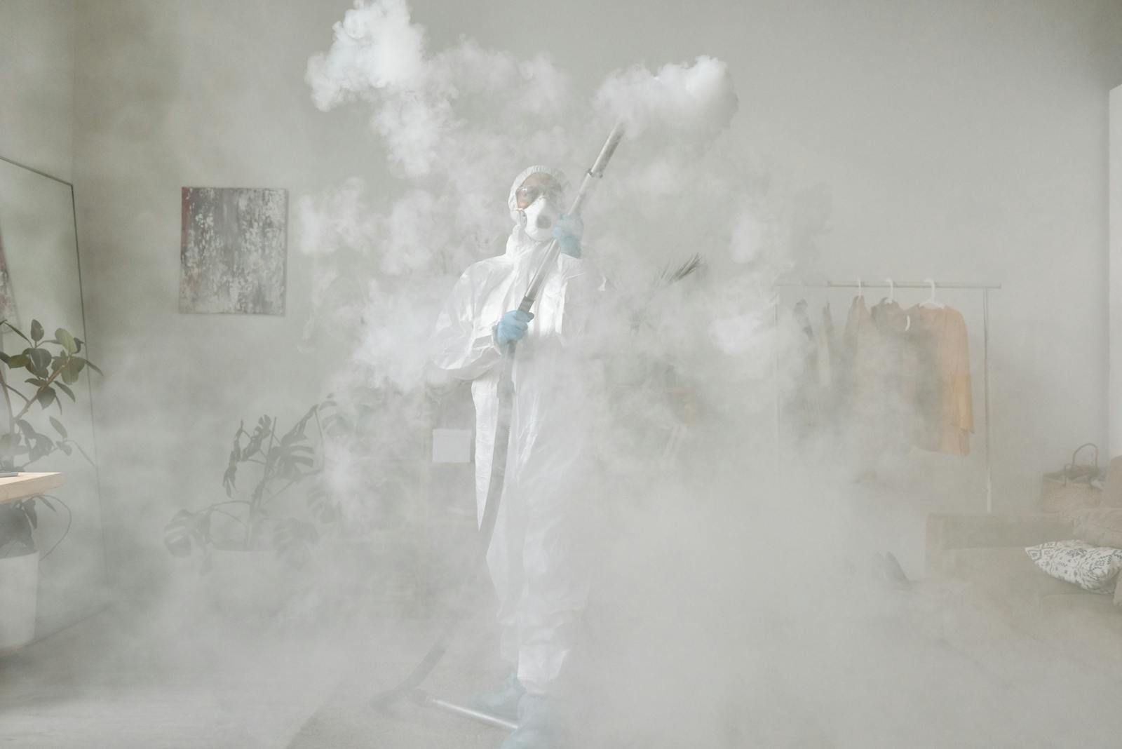 Protective-suit worker fogging a room with disinfection equipment