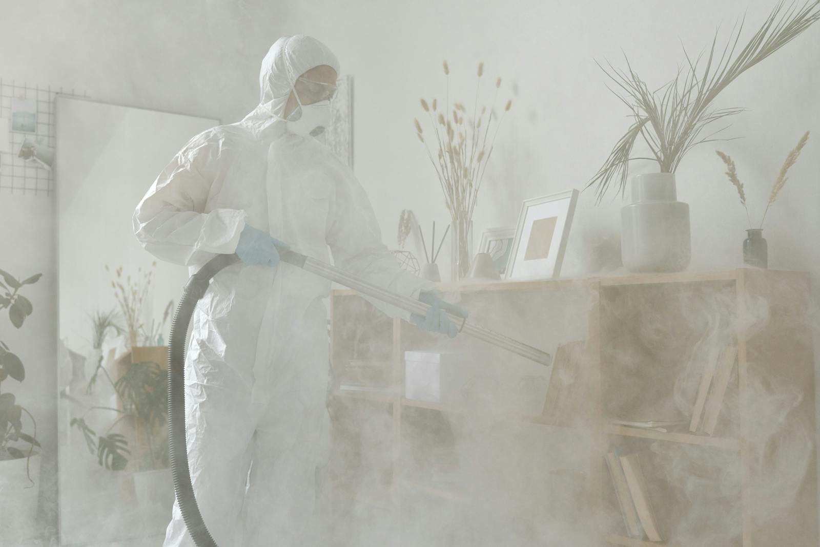 Protective-suit worker disinfecting a wooden shelf in an indoor room